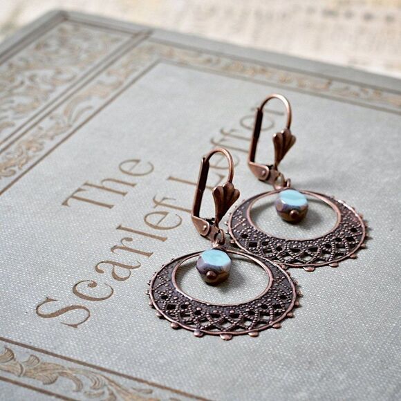 Turquoise & Antique Copper Filigree Hoop Earrings - Picture 2 of 2